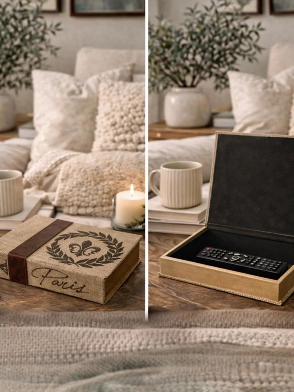 PARIS FAUX BOOK STORAGE BOX LINEN FLEUR DE LIS HIDDEN COMPARTMENT TABLE DECOR